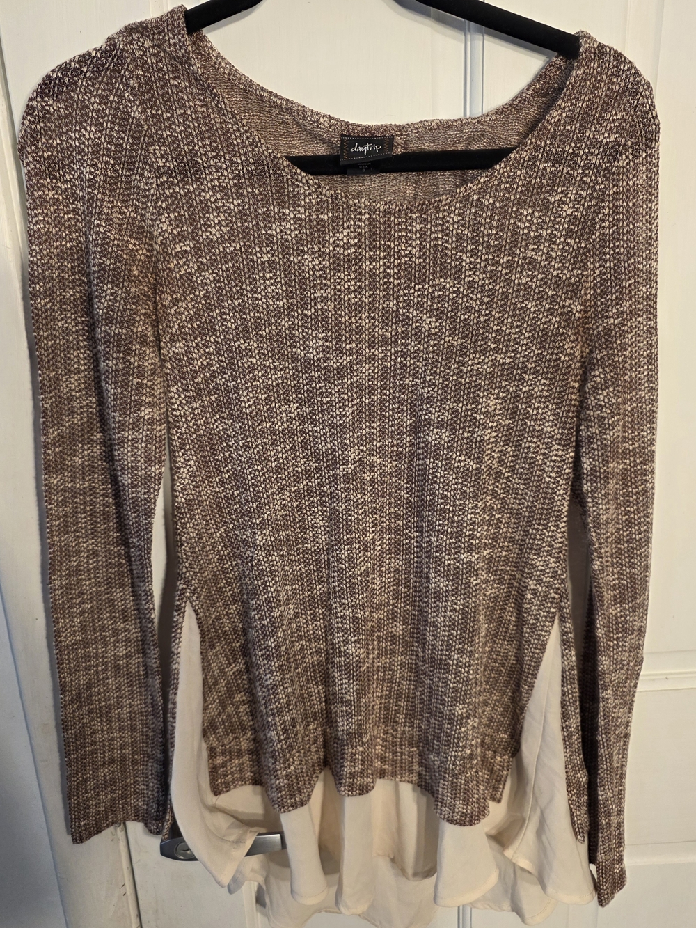 Daytrip Brown Marled Crewneck Sweater with Cream Layered Hem